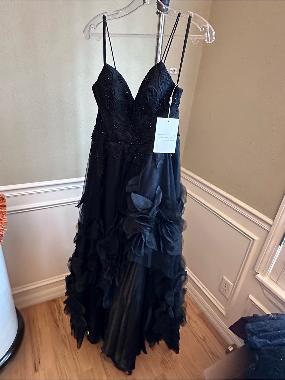 Mac Duggal Black Floral Appliqué Prom Gown